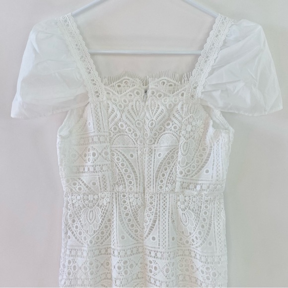 Dreamy White Lace Square Neck Puff Sleeve High Waist Bodycon Mini Dress Petite 2 - Picture 10 of 12
